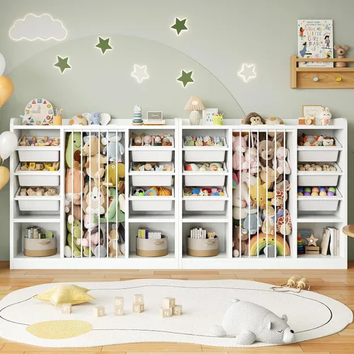 Miniatura 2 de ONBRILL Organizador de almacenamiento de juguetes con 6 contenedores de plástico extraíbles, almacenamiento de animales de peluche para niños Blanco