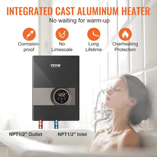 Miniatura 4 de VEVOR Calentador de Agua Eléctrico Sin Depósito, Calentador de Agua Caliente Instantáneo de 8KW, Pantalla Digital de Temperatura y Fácil Instalación