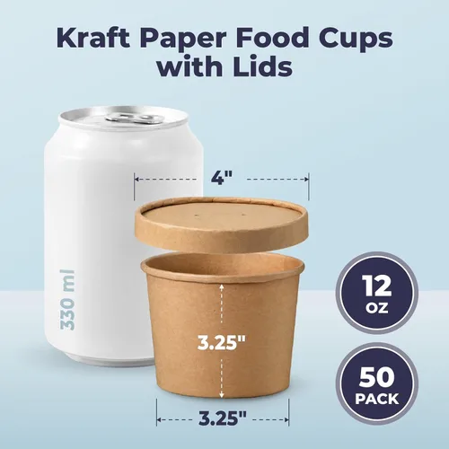 Miniatura 2 de Fit Meal Prep Paquete de 50 recipientes de sopa de papel kraft de 12 onzas con tapa ventilada, vasos de papel caliente o frío, recipiente