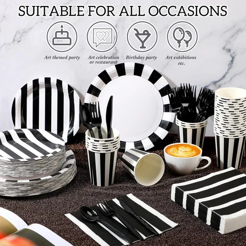 Miniatura 4 de Bokon 350 decoraciones de fiesta en blanco y negro incluyen 100 platos de papel a rayas, 50 vasos de papel, 50 servilletas, 50 cuchillos, 50