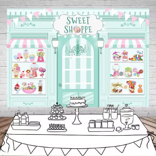 Miniatura 2 de Mocsicka Sweet Shoppe Telón de Fondo Salón de Postres para Decoraciones de Fondo de Fiesta de Cumpleaños de Niña Decoración de Mesa de Pastel de Azul