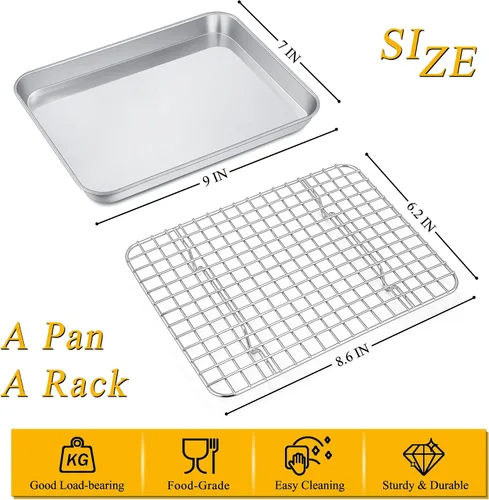 Miniatura 2 de P&P CHEF, bandeja para horno tostador de 9 pulgadas con juego de rejilla, bandeja de hornear de acero inoxidable y rejilla de enfriamiento
