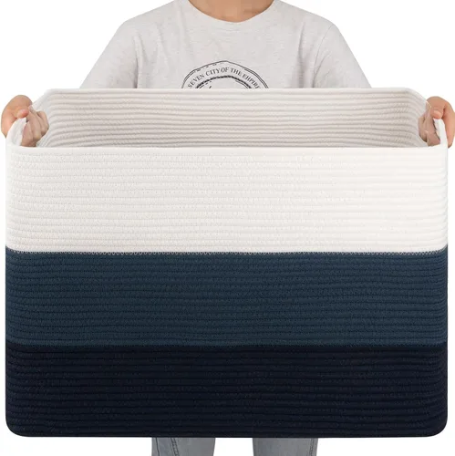 Miniatura 8 de OIAHOMY Cesta de manta súper grande de 108L, 25 x 16 x 16 pulgadas (108 litros), cestas tejidas rectangulares para almacenamiento, canasta de cuerda