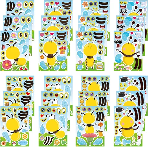 Miniatura 13 de 24 hojas de calcomanías de abeja para hacer una cara, lindos juegos de fiesta de animales, calcomanías para mezclar y combinar, haz tus propias vaca