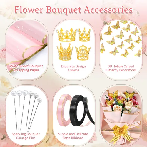 Miniatura 3 de Juego de 338 piezas de papel de regalo de ramo de flores, papel de regalo floral impermeable, suministros de ramo de floristería con coronas