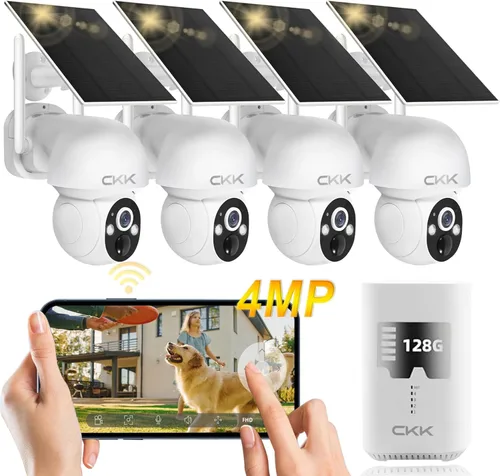 CKK Sistema de Cámara de Seguridad Solar 2.5K 4 piezas Sistema de Cámara de Seguridad Inalámbrica para Exteriores con Tarjeta de 128GB, PTZ 360,