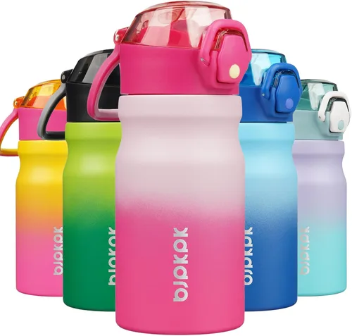 BJPKPK Botella de agua aislada de acero inoxidable de 14 onzas con popote y asa de transporte, botella térmica de metal de doble pared, flor de