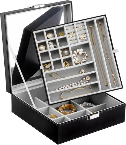 Oyydecor Joyero para regalos de mujeres y niñas organizador de joyas de 2 capas estuche de almacenamiento de joyas de piel sintética con bandeja