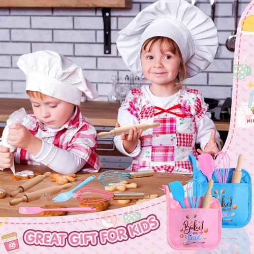 Miniatura 5 de RoundFunny 24 piezas de mini suministros para hornear para niños con utensilios de cocina, soportes para ollas, espátula, rodillo, batidor