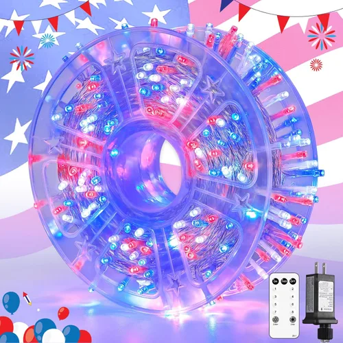 Miniatura 25 de JMEXSUSS Luces rojas blancas y azules con cable transparente, 66 pies, 200 luces LED para decoración del 4 de julio, luz de Navidad para celebración