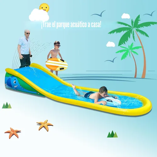 Miniatura 5 de Tobogán acuático inflable con aspersor para niños, tobogán acuático de 15 pies con 2 jinetes inflables de surf y rociador integrado para edades de 6