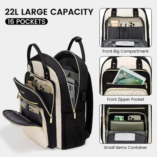 Miniatura 3 de LOVEVOOK - Mochila portalaptop para mujeres, mochila de trabajo de moda con puerto USB, mochilas impermeables para el trabajo., negro, beige beige