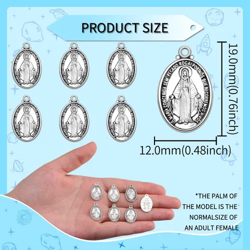 Miniatura 2 de 60 piezas de medallas ovaladas milagrosas de la Virgen María, dijes de aleación, dijes colgantes de la Virgen de Guadalupe para collar de oración