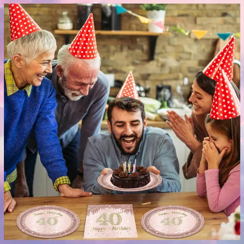 Miniatura 6 de Juego de 40 platos y servilletas de 40 cumpleaños para mujeres, juego de vajilla desechable para fiesta de 40 años de edad para decoración de 40º