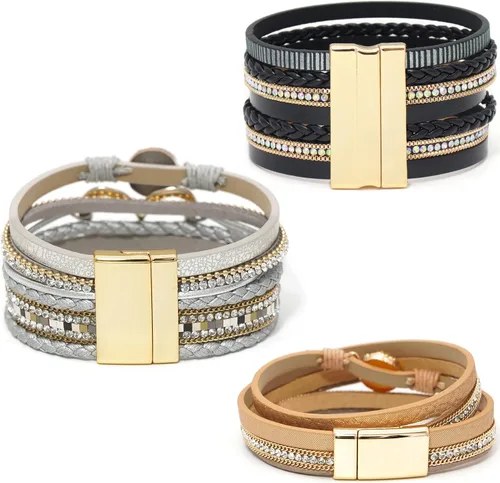 Miniatura 4 de Wowanoo - Juego de 3 pulseras de cuero multicapa con cuentas de cristal, cierre magnético para mujer