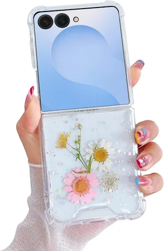 Miniatura 31 de Compatible con Samsung Galaxy Flip 4, funda transparente con flores secas prensadas, para mujeres y niñas, TPU suave a prueba de golpes, funda