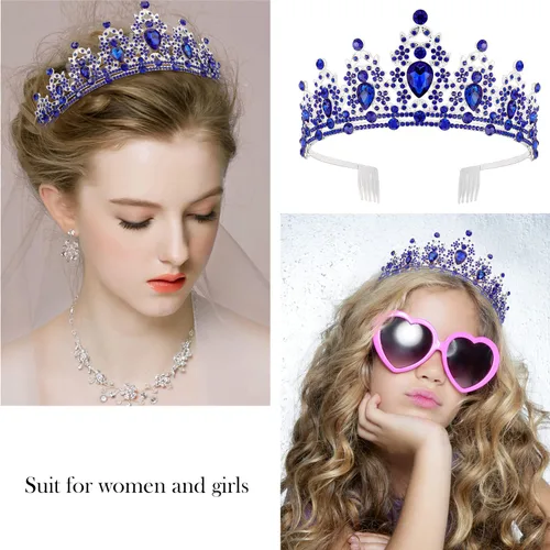 Miniatura 7 de SuPoo Kit de corona y banda de cumpleaños, tiara azul con diamantes de imitación y peine, banda con purpurina, diadema de cristal para mujeres