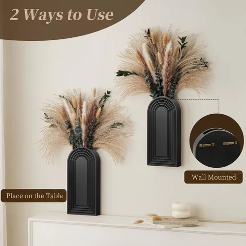 Miniatura 4 de Juego de 2 jarrones de pared de madera con eucalipto de hierba de las pampas, decoración de pared moderna de estilo bohemio para sala de estar