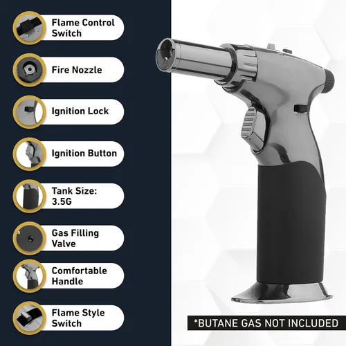 Miniatura 4 de Pistola de butano de doble llama – Mini soplete de mano recargable de lujo para cocinar, creme brulee, soldadura, soldadura y arte de resina – Llama