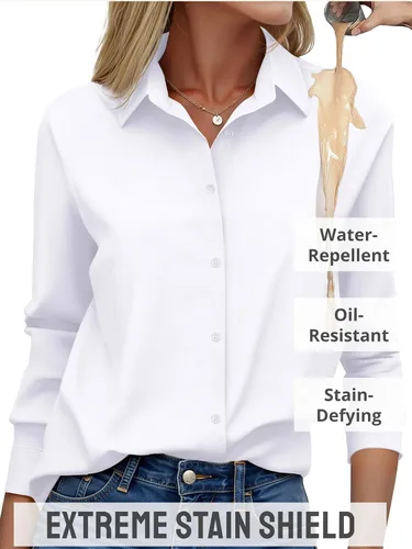 Miniatura 3 de CBOO Camisas resistentes a las manchas para mujer, sin arrugas y sin planchado, blusa de manga larga con botones para oficina Blanco resistente a