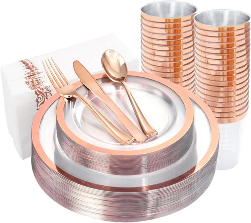 Miniatura 22 de YOUBET 125 piezas de platos de plástico negros y dorados - Platos desechables negros con borde dorado - Incluye 25 platos de cena, 25 platos