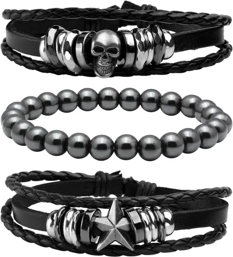 Miniatura 7 de MILAKOO 3 pulseras unisex punk retro góticas de cuero sintético con cuentas de hematita