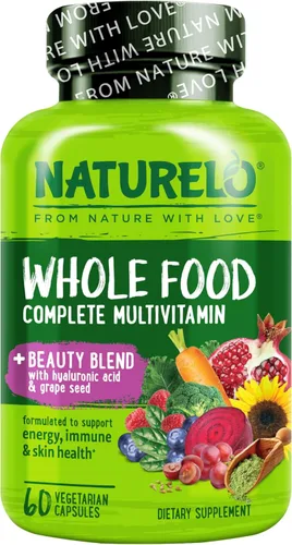 NATURELO Multivitamínico de Alimentos Integrales con Soporte Adicional para Cabello, Piel y Uñas - Mezcla de Belleza con Ácido Hialurónico y Semilla