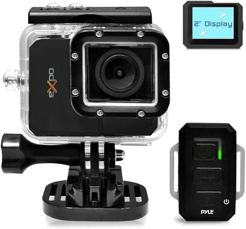 Pyle Expo Sports Cámara de acción - Mini videocámara HD 1080P de alta resolución con Wifi, cámara de 20 MP, pantalla de 2 pulgadas, tarjeta USB SD