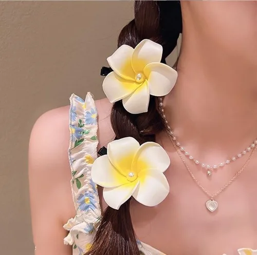Miniatura 2 de 3 pinzas hawaianas para el pelo de Plumeria Galsang con pasadores para fiesta en la playa (1#P blanco)