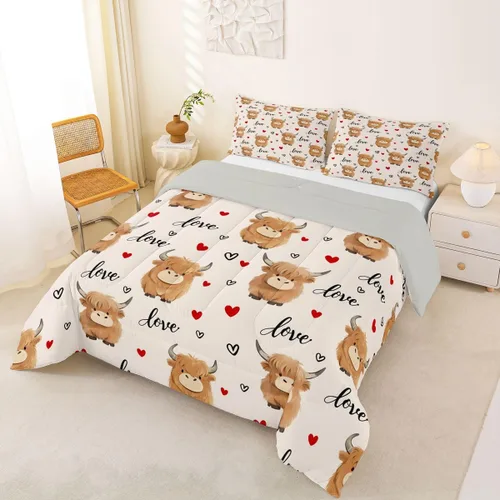 Miniatura 21 de Juego de ropa de cama de vaca de las tierras altas, edredón de ganado de las tierras altas, juego de edredón rosa floral de vaca occidental, juego