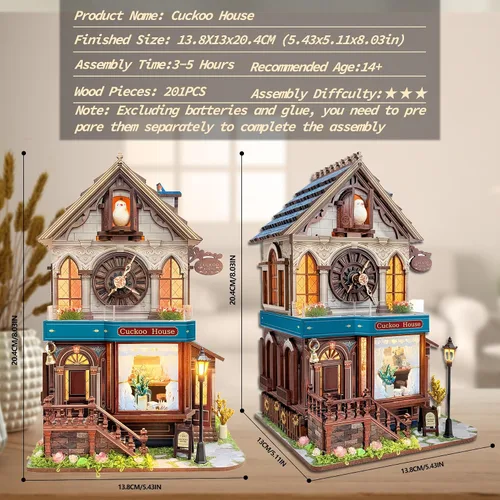 Miniatura 3 de SUNNINO Kit de casa de muñecas en miniatura, rompecabezas de madera 3D de cuco para adultos, kit de construcción de mini casa con 3 modos