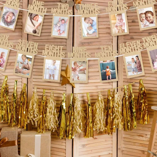 Miniatura 5 de Whaline Cartel de fotos de bebé de primer cumpleaños para recién nacidos a 12 meses, guirnalda de fotos de hitos mensuales, decoración de Champán