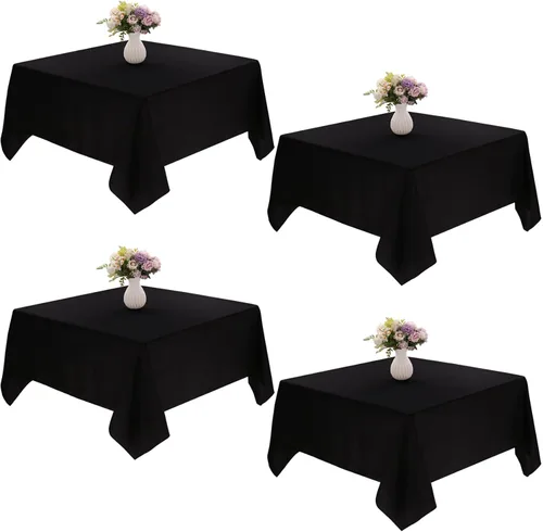 Paquete de 4 manteles cuadrados de mesa de 52 x 52 pulgadas, mantel negro lavable a máquina, tela de poliéster, cubierta de mesa para comedor,