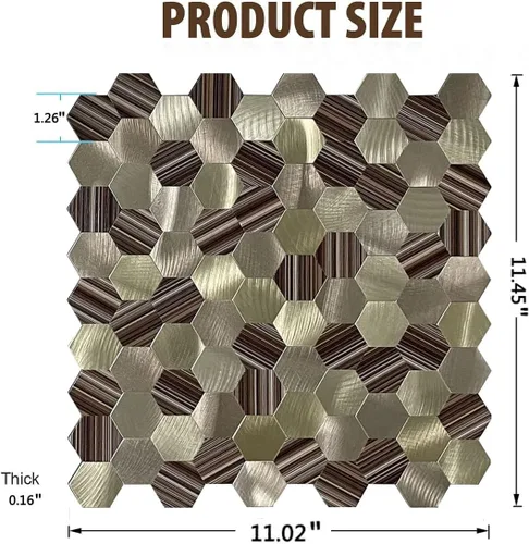 Miniatura 4 de Azulejo de pared hexagonal 3D de 5 hojas para cocina, baño, sala de estar, adhesivo de mosaico de metal de aluminio autoadhesivo de 11.4 x 11 x 0.15