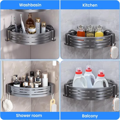 Miniatura 7 de Ventosa de esquina para ducha, aleación de aluminio inoxidable con 4 ganchos, no requiere perforación, estante de almacenamiento extraíble e