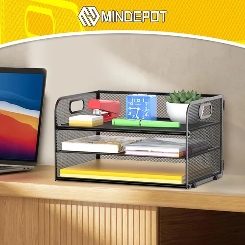 Miniatura 6 de MINDEPOT Bandeja organizadora de cartas de papel de 3 niveles con asa, organizador de archivos de escritorio de malla para oficina, hogar, escuela