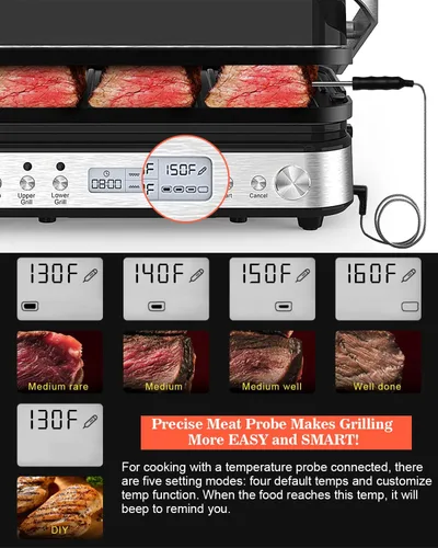 Miniatura 3 de Prensa Panini Parrilla Sandwichera con Platos Extraíbles, 1600W, 5 en 1 Parrilla Interior Sin Humo y Plancha con Termómetro para Carne, Parrillas