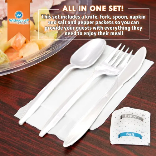 Miniatura 5 de Juego de cubiertos de plástico blanco de peso pesado envueltos individualmente, tenedor, cuchara, cuchillo con servilleta y paquetes de sal