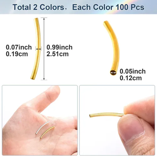 Miniatura 2 de PAGOW 200 cuentas de tubo, cuentas curvadas de fideos de 0.98 pulgadas, cuentas espaciadoras doradas y plateadas para hacer joyas, collares