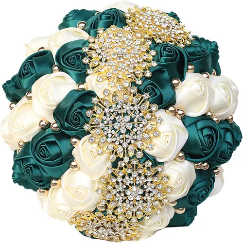 Miniatura 16 de XINNI Ramo de boda nupcial hecho a mano novia dama de honor satén rosa ramo de flores con diamantes de imitación perla encaje decoración de boda