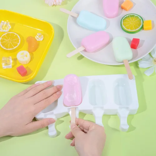 Miniatura 5 de Ouddy moldes de silicona para paletas con tapa, 2 moldes para paletas para niños, 4 cavidades, moldes ovalados para helados con 50 palitos