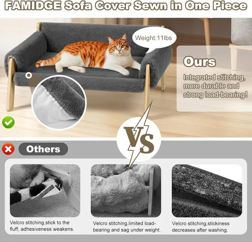 Miniatura 4 de FAMIDGE Sofá cama elevada para gatos de interior – Sofá de madera para mascotas con funda gruesa extraíble lavable para gatitos elevados adecuado
