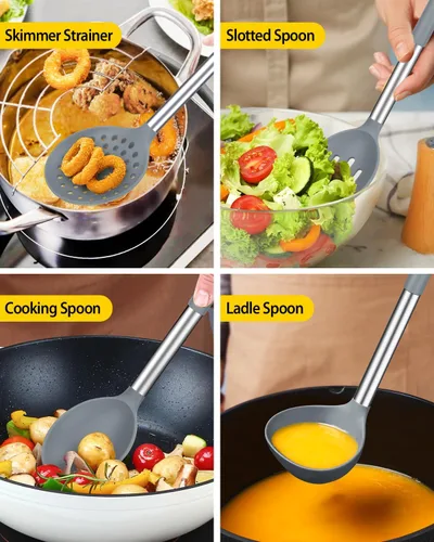 Miniatura 4 de Juego de utensilios de cocina de silicona, 8 piezas antiadherentes con mango de acero inoxidable, herramientas de cocina resistentes al calor sin