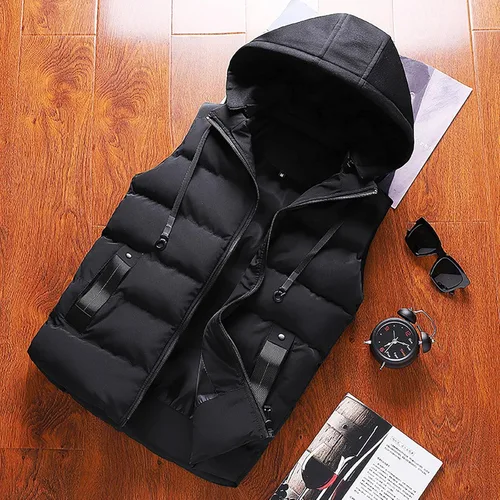 Miniatura 24 de WENKOMG1 Chaleco con capucha con doble cremallera para hombre, abrigo de color sólido, abrigo cálido y grueso, sin mangas, chaqueta suelta
