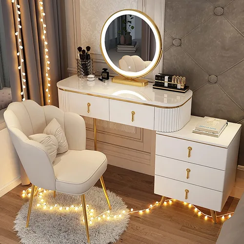 Miniatura 10 de Juego de tocador grande con luces LED, mesa de tocador de maquillaje con gabinete ajustable y taburete acolchado, 3 modos de iluminación, tocador