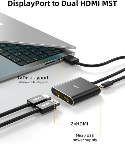 Miniatura 5 de DisplayPort a divisor HDMI dual, divisor multimonitor 4K 60Hz, monitor dual DP a 2 HDMI para computadora, laptop, tarjeta gráfica, PC, compatible