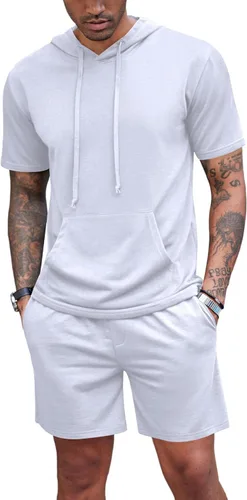 COOFANDY Conjunto deportivo de 2 piezas con capucha para hombre, manga corta, casual, deportivo, con capucha y pantalones cortos