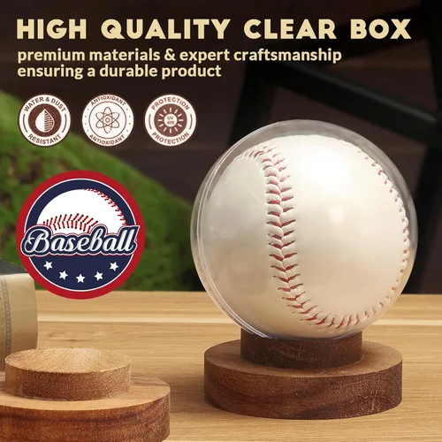Miniatura 2 de JupDec Caja de Exhibición de Béisbol, Soporte Redondo Transparente para Bola con Base de Madera, Caja de Soporte para Autógrafos de Béisbol para Una