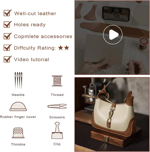 Miniatura 3 de POPSEWING Kit de trabajo de bolsa de cuero de vaca genuina para mujer, bolsa de hombro para manualidades, kit de fabricación de cuero con kit