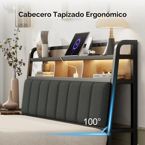 Miniatura 5 de Cabecera completa solo con almacenamiento, cabeceros tapizados para cama de tamaño matrimonial con luz LED, estación de carga, altura ajustable